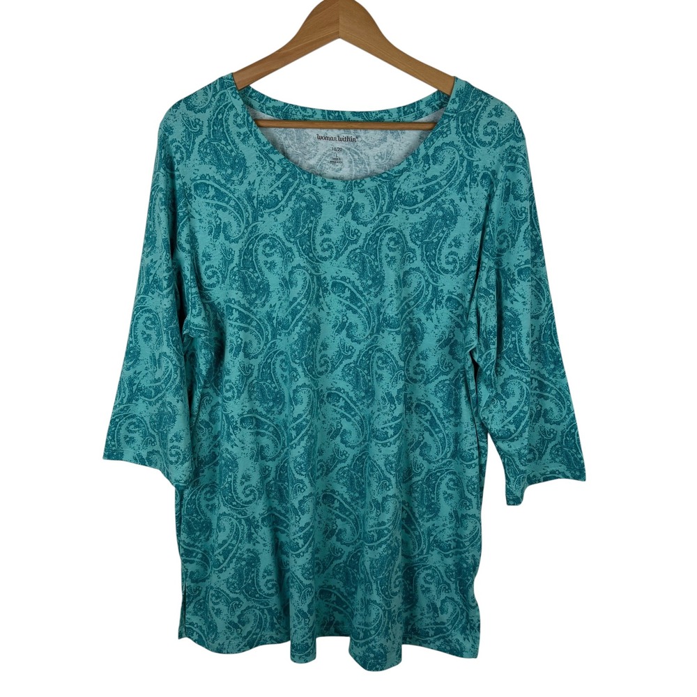 Woman Within Teal Paisley Knit‎ Top Size 18/20 Stretch Comfy Coastal Boho Casual